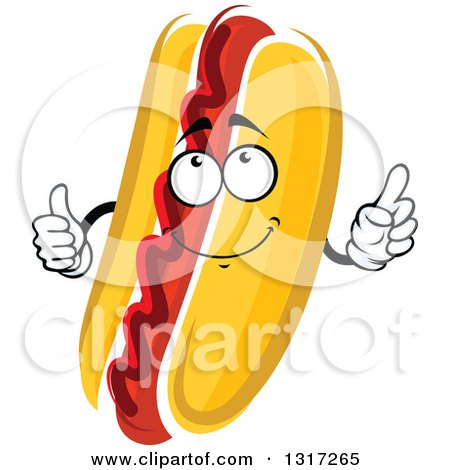 Clipart of a Cartoon Hot Dog Character with Ketchup, Holding up a Thumb and a Finger - Royalty Free Vector Illustration by Vector Tradition SM