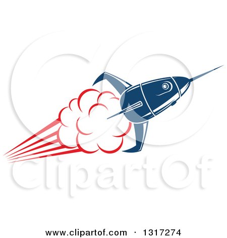 Clipart of a Retro Blue Rocket with Red Flames 13 - Royalty Free Vector Illustration by Vector Tradition SM