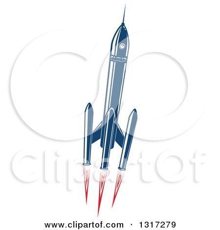 Clipart of a Retro Blue Rocket with Red Flames 2 - Royalty Free Vector Illustration by Vector Tradition SM