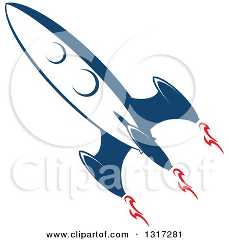 Clipart of a Retro Blue Rocket with Red Flames 16 - Royalty Free Vector Illustration by Vector Tradition SM