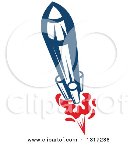 Clipart of a Retro Blue Rocket with Red Flames 5 - Royalty Free Vector Illustration by Vector Tradition SM