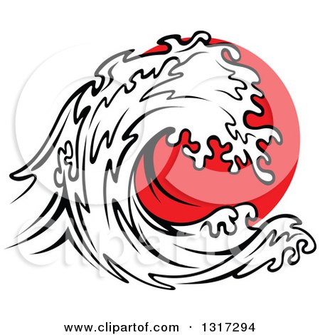 Clipart of a Black and White Tsunami Wave over Red - Royalty Free Vector Illustration by Vector Tradition SM