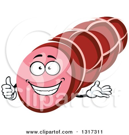 Clipart of a Cartoon Sausage Character Giving a Thumb up and Presenting - Royalty Free Vector Illustration by Vector Tradition SM