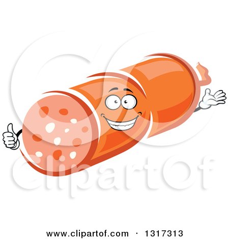 Clipart of a Cartoon Salami Character Presenting and Giving a Thumb up - Royalty Free Vector Illustration by Vector Tradition SM
