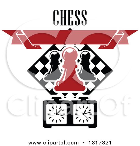 Clipart of a Chess Board Diamond, Pawn Pieces, Blank Red Banner, Timer and Text - Royalty Free Vector Illustration by Vector Tradition SM