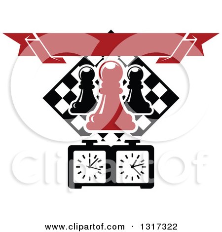Clipart of a Chess Board Diamond, Pawn Pieces, Blank Red Banner, and Timer - Royalty Free Vector Illustration by Vector Tradition SM