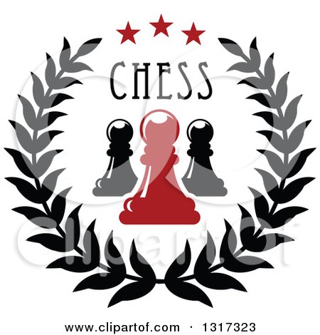 Clipart of a Laurel and Star Wreath with Black and Red Chess Pawn Pieces with Text - Royalty Free Vector Illustration by Vector Tradition SM