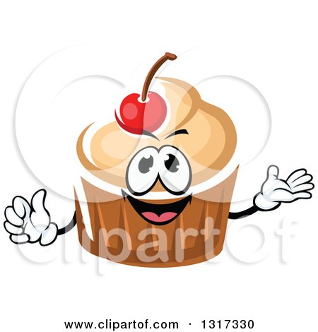 Clipart of a Cartoon Cupcake Character with Vanilla Frosting and a Cherry, Giving a Thumb up and Presenting - Royalty Free Vector Illustration by Vector Tradition SM