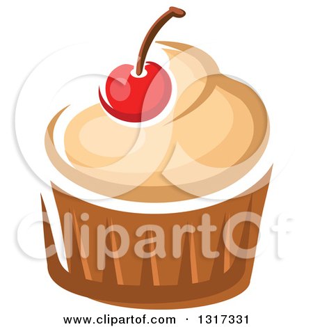 Clipart of a Cartoon Cupcake with Vanilla Frosting and a Cherry - Royalty Free Vector Illustration by Vector Tradition SM