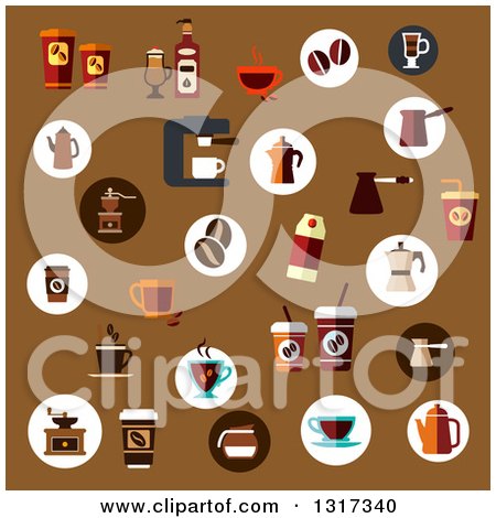 Clipart of Flat Design Icons of Coffee Cups, Makers, Grinders, Beans and Other Items on Brown - Royalty Free Vector Illustration by Vector Tradition SM