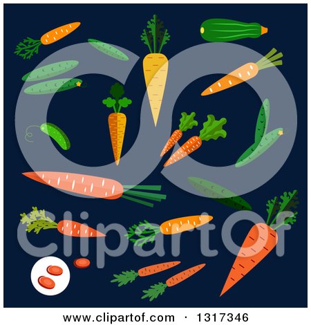 Clipart of a Flat Design Carrots, Cucumbers, and Beans on Navy Blue - Royalty Free Vector Illustration by Vector Tradition SM