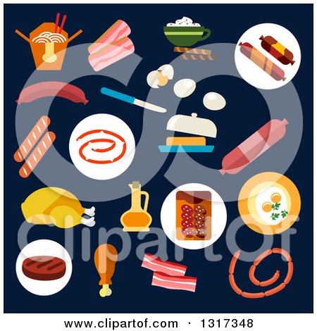 Clipart of a Flat Design of Meats on Navy Blue - Royalty Free Vector Illustration by Vector Tradition SM