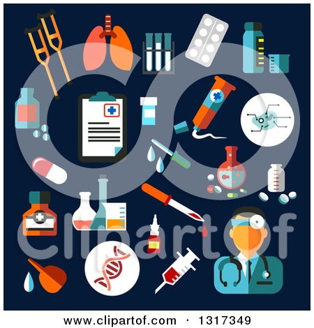 Clipart of Flat Design Medical Icons with Medication and Diagnostics As Drugs, Pills, DNA, Syringe, Blood, Doctor, Tubes, Flasks and Prescription on Blue - Royalty Free Vector Illustration by Vector Tradition SM