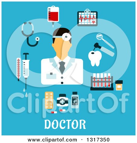 Clipart of a Flat Design Dentist with Tools over Doctor Text on Blue - Royalty Free Vector Illustration by Vector Tradition SM