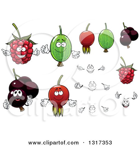 Clipart of a Cartoon Raspberry, Briar Berry, Currant and Gooseberry with Faces and Hands - Royalty Free Vector Illustration by Vector Tradition SM