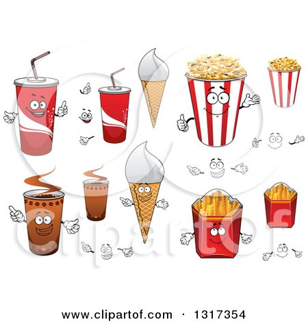Clipart of Cartoon Fountain Sodas, Waffle Cones, Popcorn, French Fries and Coffee Characters - Royalty Free Vector Illustration by Vector Tradition SM