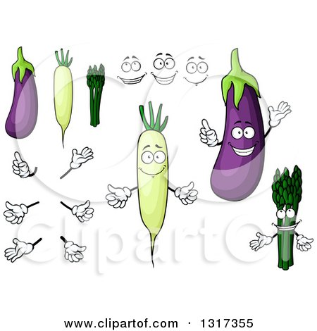 Clipart of a Cartoon Eggplants, Daikon Radishes, Asparagus, Faces and Hands - Royalty Free Vector Illustration by Vector Tradition SM