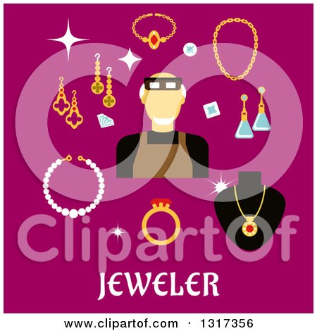 Clipart of a Flat Design Male Jeweler or Goldsmith with Jewelery on Pink - Royalty Free Vector Illustration by Vector Tradition SM