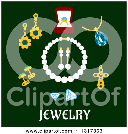 Clipart of a Flat Design of Pearls and Jewelry over Text on Green - Royalty Free Vector Illustration by Vector Tradition SM
