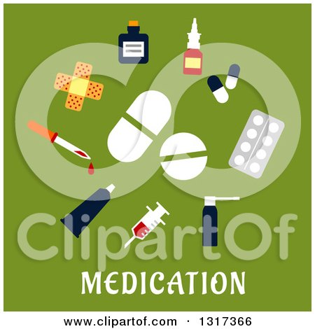 Clipart of a Flat Design Medicines over Text on Green - Royalty Free Vector Illustration by Vector Tradition SM