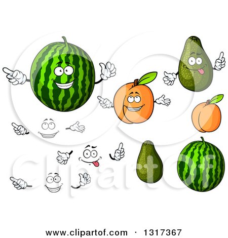 Clipart of Cartoon Watermelon, Apricot, Avocado, Faces and Hands - Royalty Free Vector Illustration by Vector Tradition SM