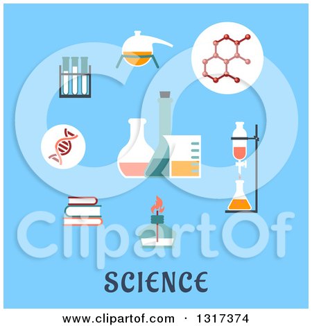 Clipart of a Flat Design of Books, Distillation, Atomic Structure, Experiments, Flasks and Bunsen Burner over Text on Blue - Royalty Free Vector Illustration by Vector Tradition SM