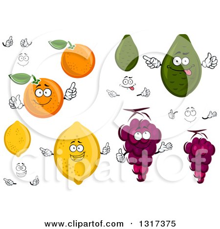 Clipart of Cartoon Lemon, Orange, Purple Grapes, Avocado, Faces and Hands - Royalty Free Vector Illustration by Vector Tradition SM