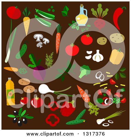 Clipart of a Flat Design Vegetables and Oils on Brown - Royalty Free Vector Illustration by Vector Tradition SM