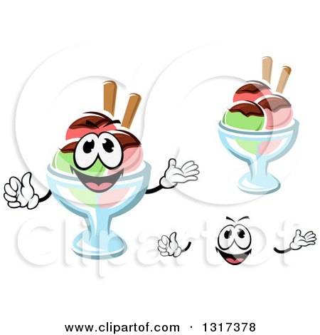 Clipart of a Cartoon Face, Hands and Rainbow Sherbet Ice Cream Sundaes - Royalty Free Vector Illustration by Vector Tradition SM