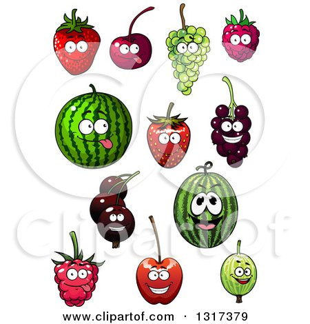 Clipart of Cartoon Strawberry, Cherry, Green Grape, Raspberry, Watermelon, Currants and Gooseberry Characters - Royalty Free Vector Illustration by Vector Tradition SM
