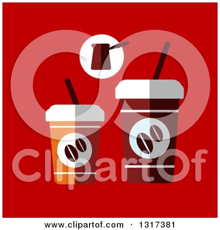 Clipart of a Flat Design of Take out Coffee Cups on Red - Royalty Free Vector Illustration by Vector Tradition SM