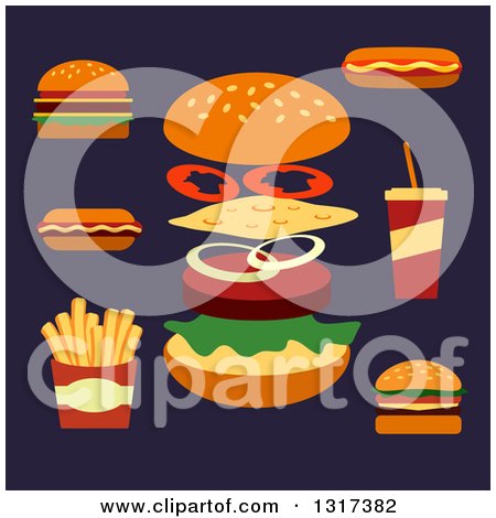 Clipart of Flat Design Cheeseburgers, Hot Dogs, Soda and French Fries on Navy Blue - Royalty Free Vector Illustration by Vector Tradition SM