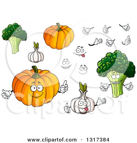 Clipart of Cartoon Broccoli, Garlic, Pumpkin, Hands and Faces - Royalty Free Vector Illustration by Vector Tradition SM