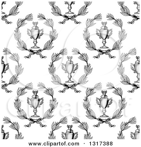 Clipart of a Seamless Background Pattern of Grayscale Laurel Wreaths and Trophies - Royalty Free Vector Illustration by Vector Tradition SM