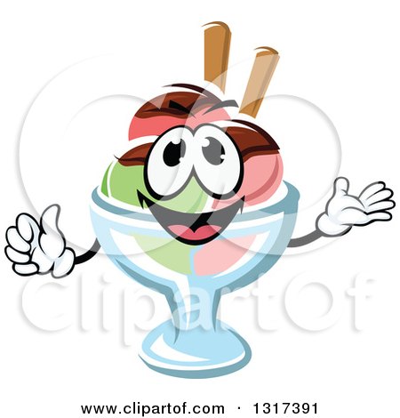 Clipart of a Cartoon Rainbow Sherbet Ice Cream Sundae Character Presenting and Giving a Thumb up - Royalty Free Vector Illustration by Vector Tradition SM