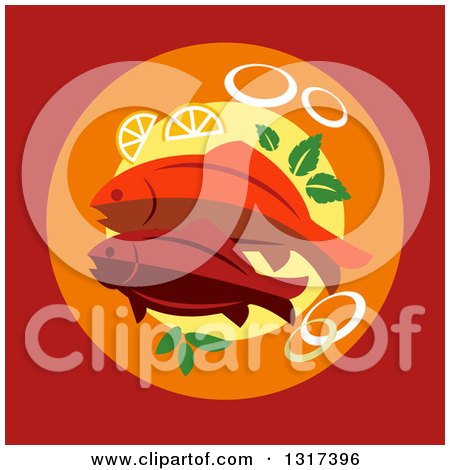 Clipart of a Flat Design of Fish on a Plate with Onion Slices and Lemon Wedges, over Red - Royalty Free Vector Illustration by Vector Tradition SM
