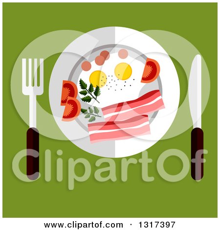 Clipart of a Flat Design of a Plate with Eggs, Tomato and Bacon, Served with Silverware on Green - Royalty Free Vector Illustration by Vector Tradition SM