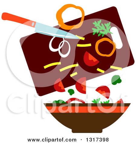 Clipart of a Flat Design Knife and Cutting Board Dropping Food in a Bowl - Royalty Free Vector Illustration by Vector Tradition SM