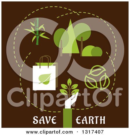 Clipart of a Flat Design Save Earth and Ecology Concept with a Hand Holding a Young Green Plant, Recyclable Eco Bags, Bamboo, Green Trees and Leaves with Text on Brown - Royalty Free Vector Illustration by Vector Tradition SM