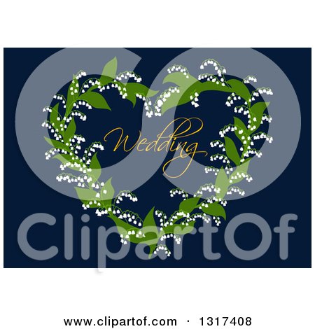 Clipart of a Lily of the Valley Heart Shaped Wreath Around Wedding Text on Navy Blue - Royalty Free Vector Illustration by Vector Tradition SM