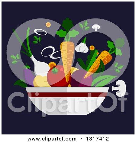Clipart of a Flat Design of a Bowl with Produce on Navy Blue - Royalty Free Vector Illustration by Vector Tradition SM