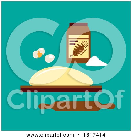 Clipart of a Flat Design of Eggs, Flour, Dough and a Rolling Pin on Turquoise - Royalty Free Vector Illustration by Vector Tradition SM