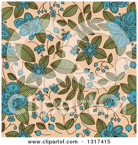 Clipart of a Seamless Background Pattern of Doodled Blue Blossoms, Plants and Berries over Tan - Royalty Free Vector Illustration by Vector Tradition SM