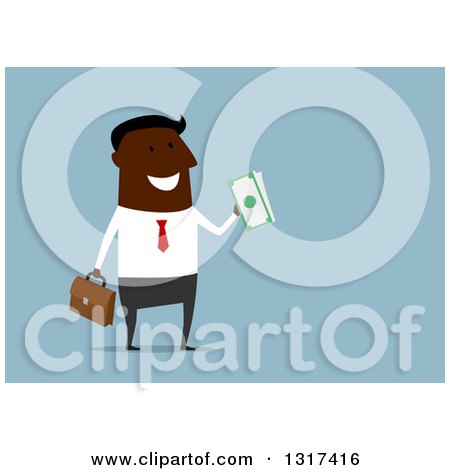 Clipart of a Flat Design Black Businessman Holding Cash Money, over Blue - Royalty Free Vector Illustration by Vector Tradition SM