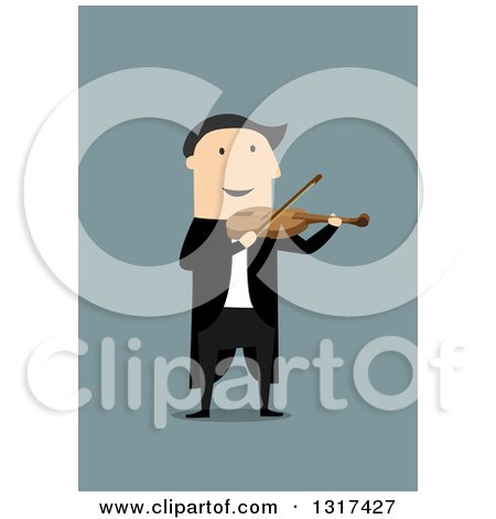 Clipart of a Flat Design White Man Playing a Violin, on Blue - Royalty Free Vector Illustration by Vector Tradition SM