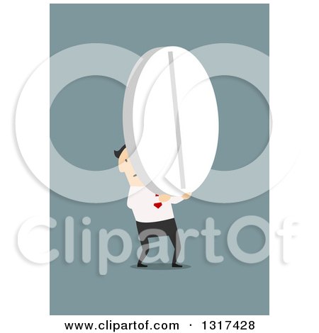 Clipart of a Flat Design White Businessman Carrying a Giant Pill, on Blue - Royalty Free Vector Illustration by Vector Tradition SM