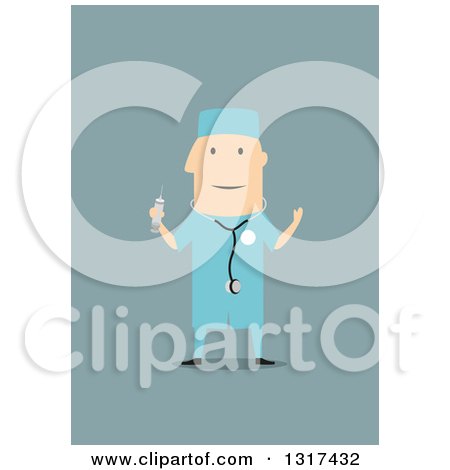 Clipart of a Flat Design White Male Surgeon in Scrubs, on Blue - Royalty Free Vector Illustration by Vector Tradition SM