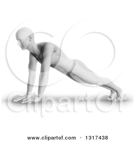 Clipart of a 3d Anatomical Man in a Push up or Yoga Pose, on White - Royalty Free Illustration by KJ Pargeter