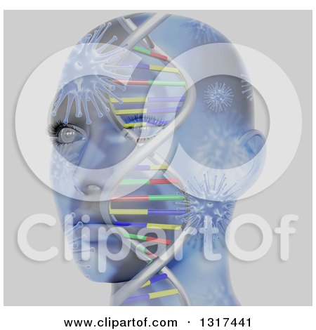 Clipart of a 3d Female Face with Colorful DNA Strands and Blue Virus Pattern, on Gray - Royalty Free Illustration by KJ Pargeter