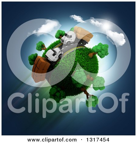 Clipart of a 3d Roadway with Big Rig Trucks Around a Grassy Planet, on Blue - Royalty Free Illustration by KJ Pargeter